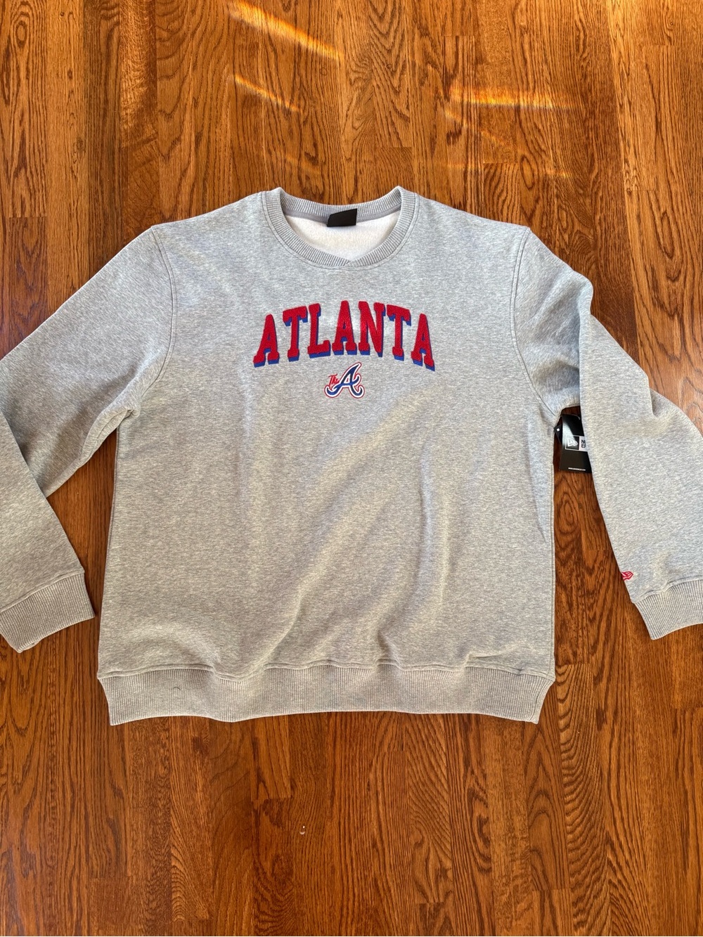New Era Gray Atlanta Braves Crewneck with Red Embroidery